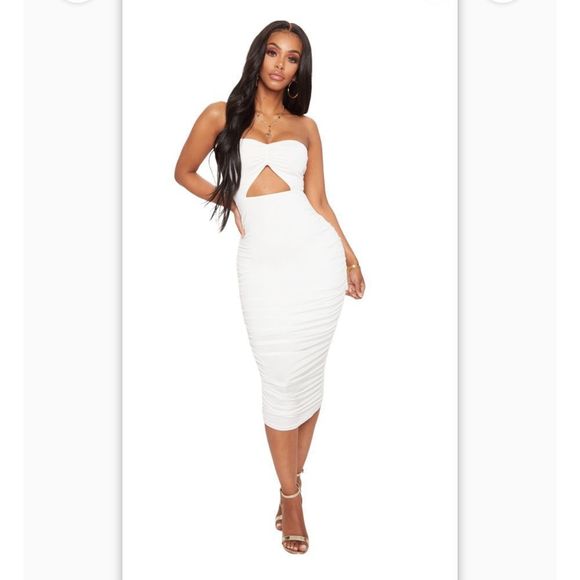 PrettyLittleThing Dresses & Skirts - Prettylittlething SHAPE WHITE SLINKY CUT OUT RUCHED BANDEAU MIDI DRESS